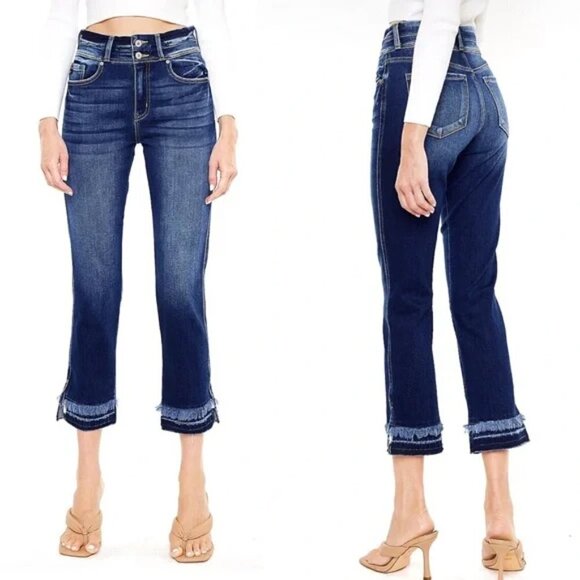 Kancan High Rise Ankle Straight Dark Sandblasted Frayed Hem Denim Jeans - Picture 2 of 9